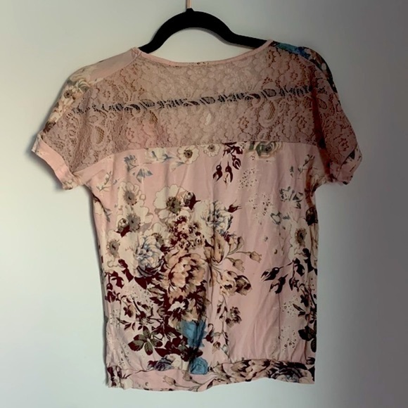 NEXT | Pink Floral T-Shirt Short Sleeves with Lace Details V Neckline Size 6 - Picture 2 of 4